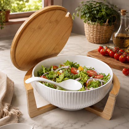 Ceramic Salad Bowl With Bamboo Stand And Lid