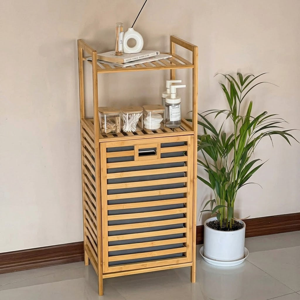 2-Tier shelves bamboo laundry basket