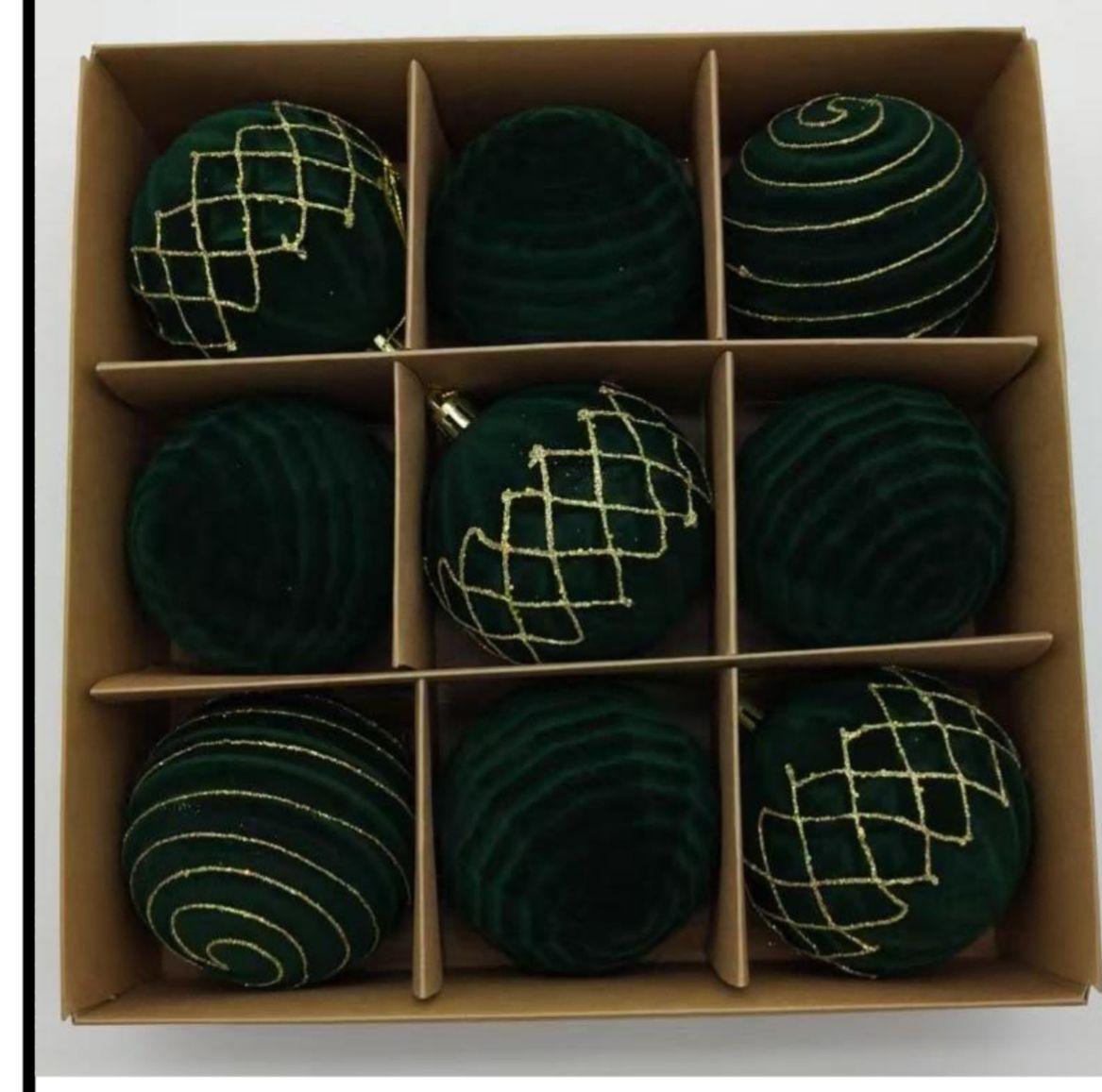9 Pcs Green Velvet Christmas Balls Ornaments 8cm