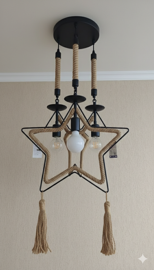 Triple Star Rope and Metal Pendant Light With Bulbs