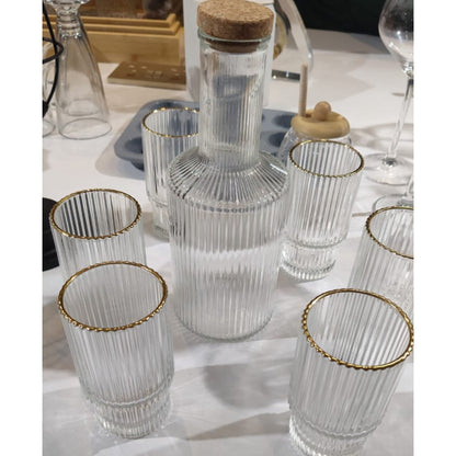 6Pc Ribbed glasses with decanter gold rim gha