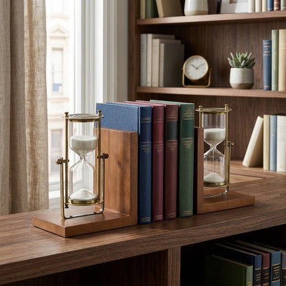 Vintage Wooden L-Shaped Bookends with Rotating Hourglass