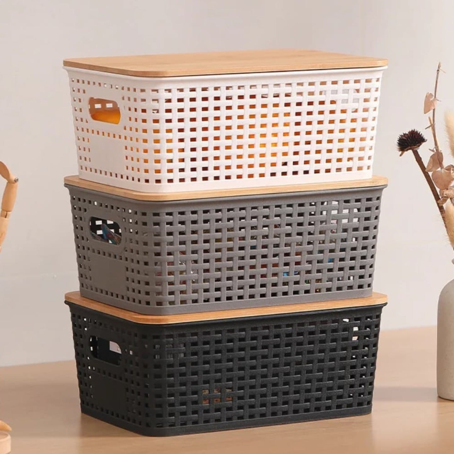 Plastic multipurpose  organising basket with bamboo lid