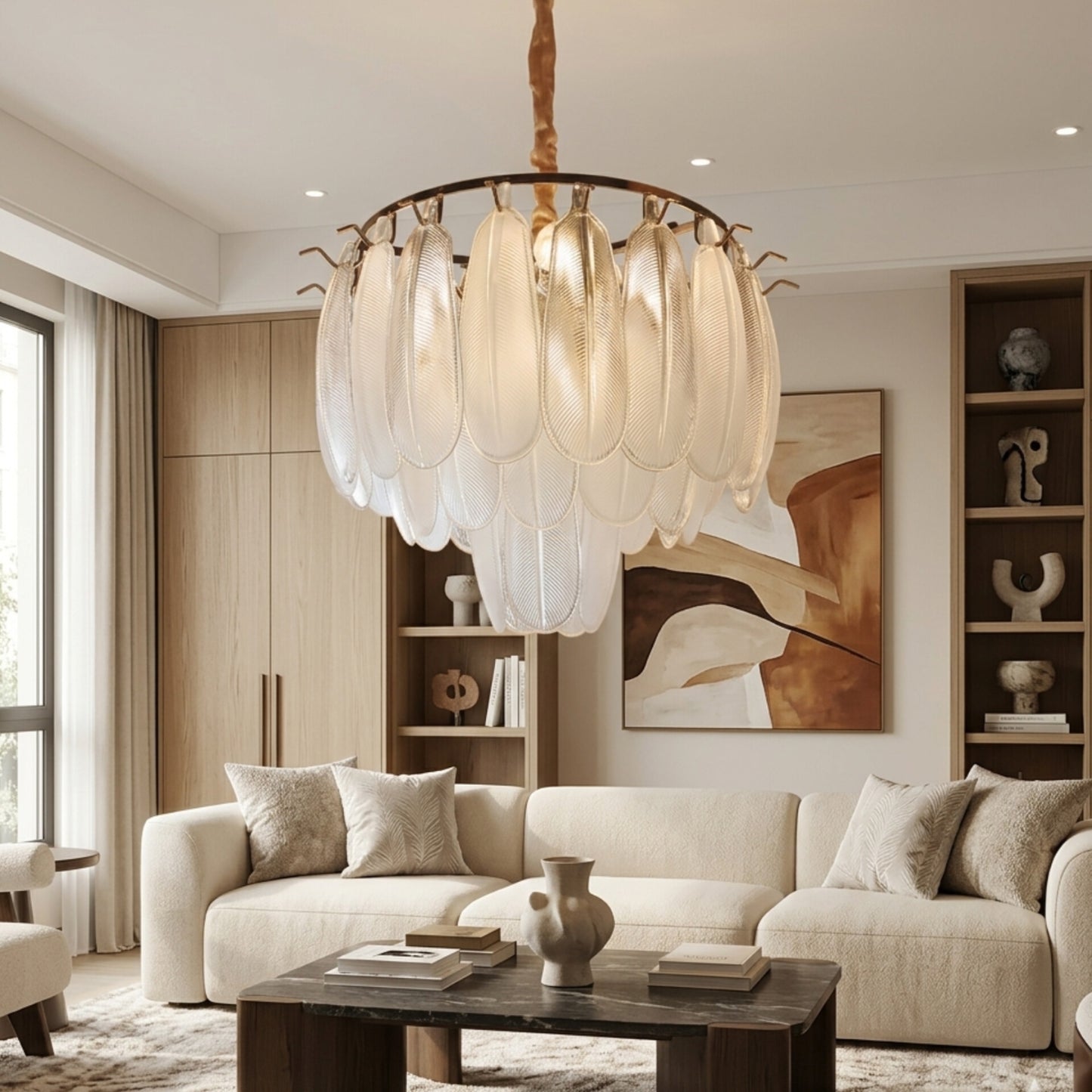 Chandelier Light with Glass Feather Panels