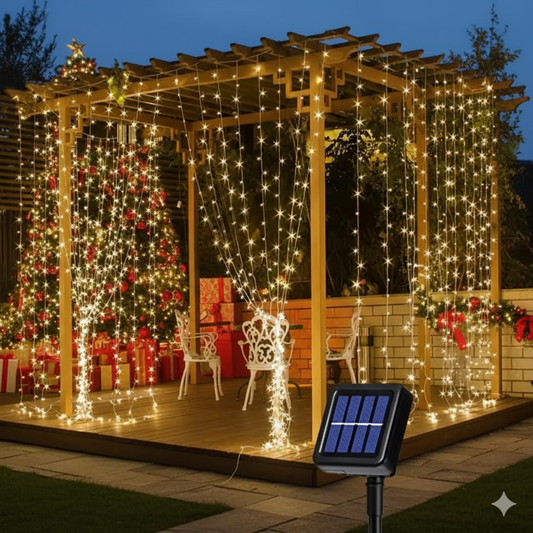 3*3M 300 Solar Christmas Outdoor Curtain Lights With Remote And Hooks