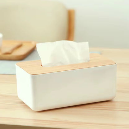 Matte White Plastic Tissue Box Holder with Removable Wooden Lid