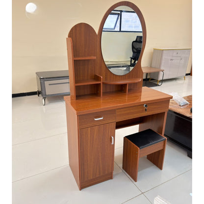 Wooden Dressing Table  with Oval Mirror and Stool