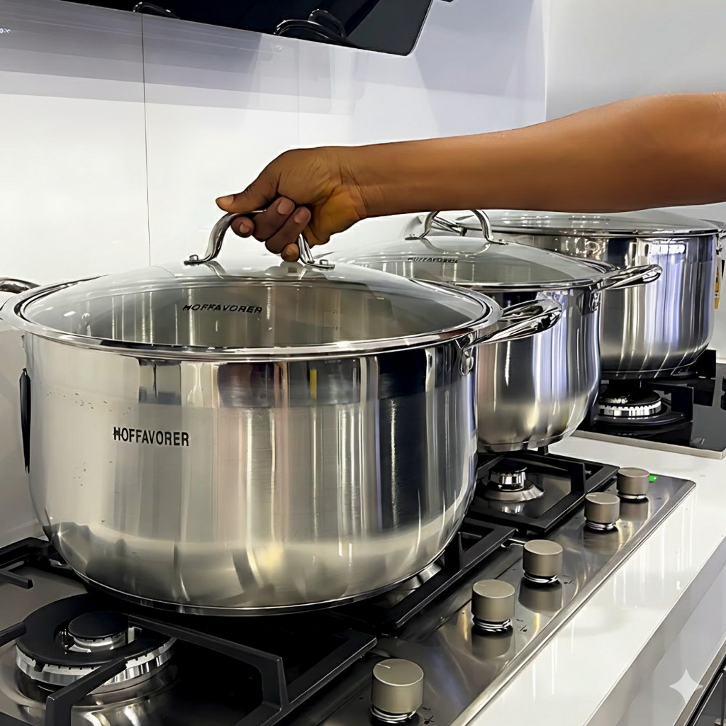 Three silver Hoffavorer stainless steel stockpots with glass lids 