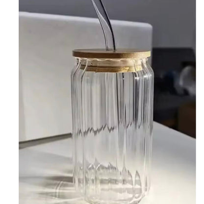 Ribbed Borosilicate Glass Cup with Bamboo Lid