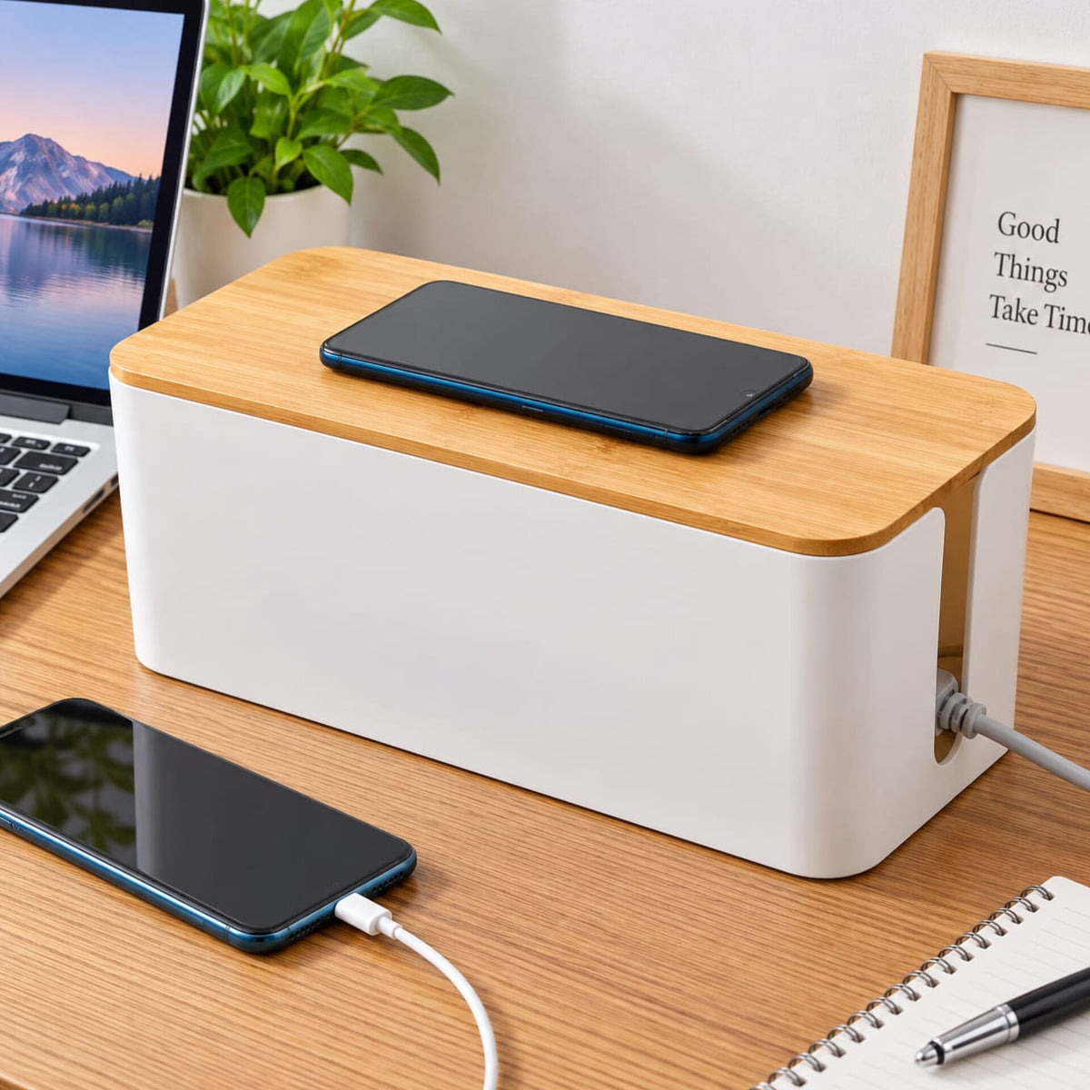 Cable Storage Box with Bamboo Lid