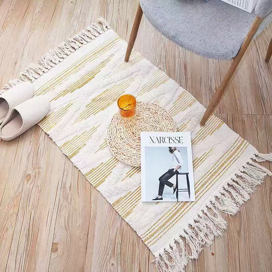 Bohemian bedroom rug with tassels