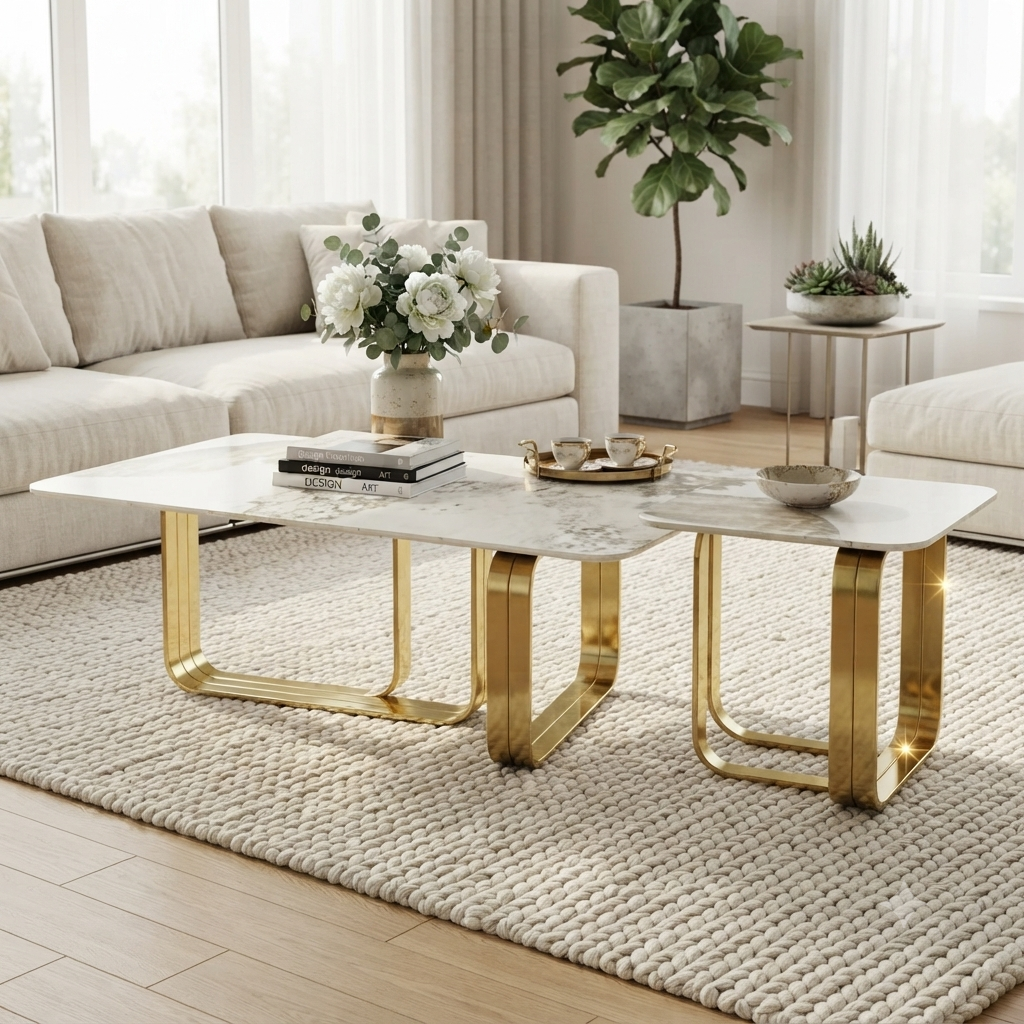Coffee Table Set with Marble and Gold Base