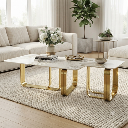 Coffee Table Set with Marble and Gold Base