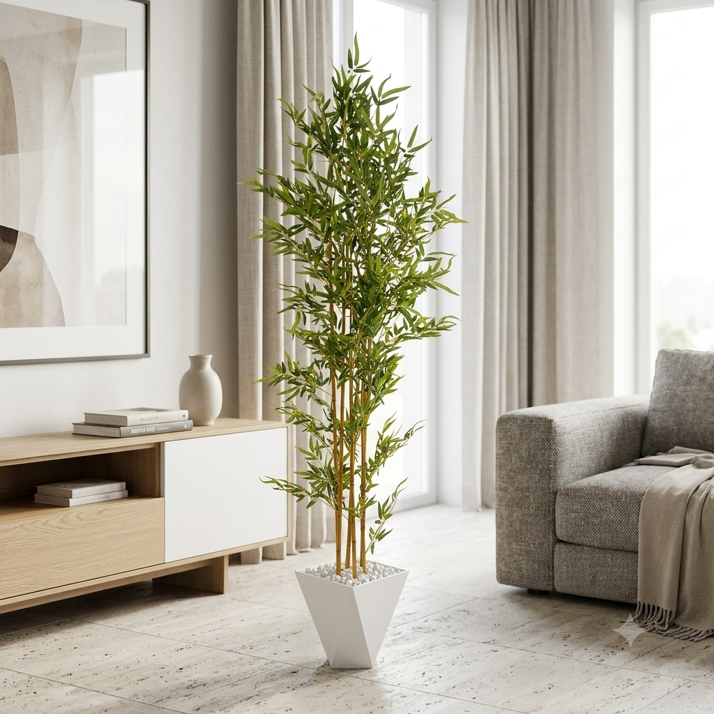 Artificial Bamboo Plant with Metallic Stand Vase and Pebbles 190cm