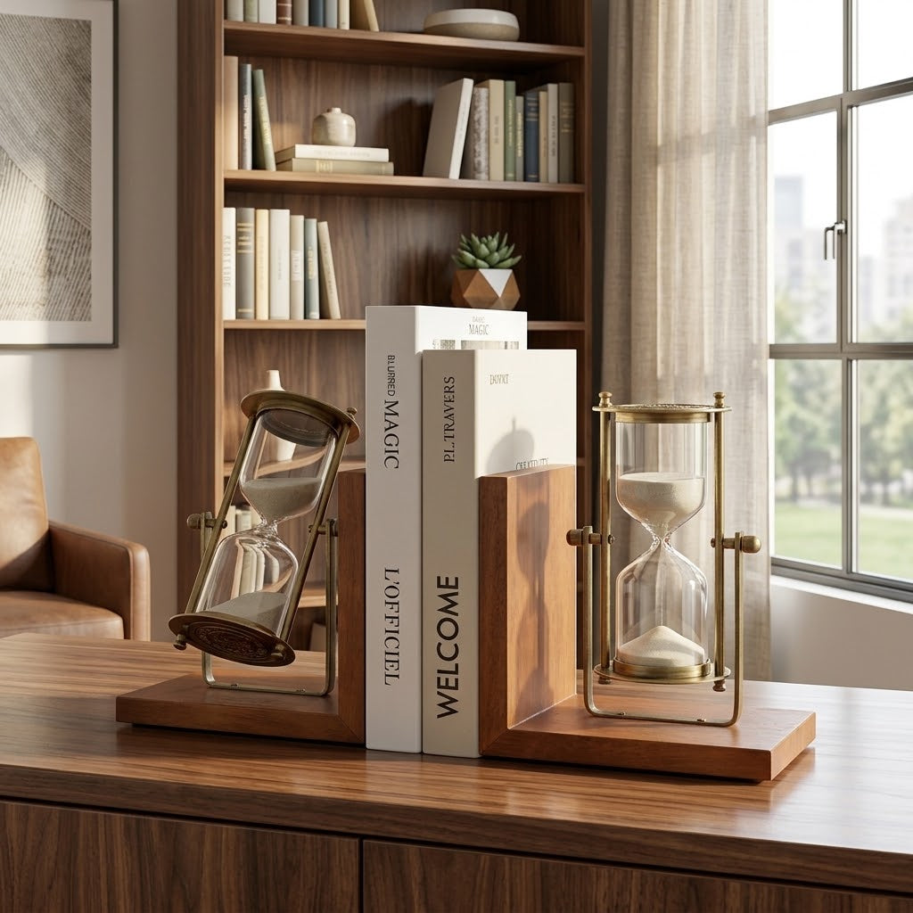 Vintage Wooden L-Shaped Bookends with Rotating Hourglass