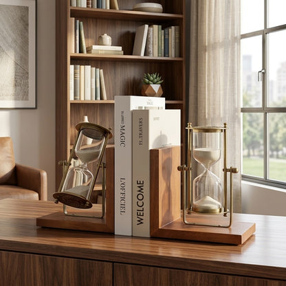 Vintage Wooden L-Shaped Bookends with Rotating Hourglass