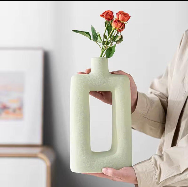 Rectangular Geometric Ceramic Doughnut Vase (Pastel Green)
