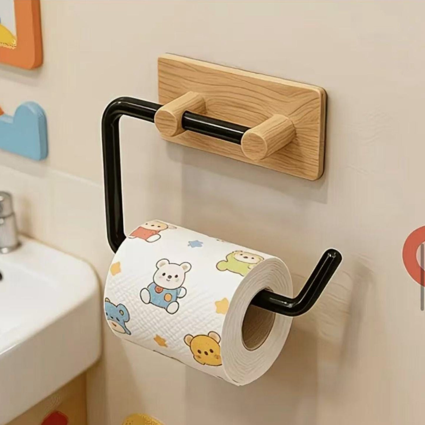 Wood Grain No Drill Toilet Paper Holder