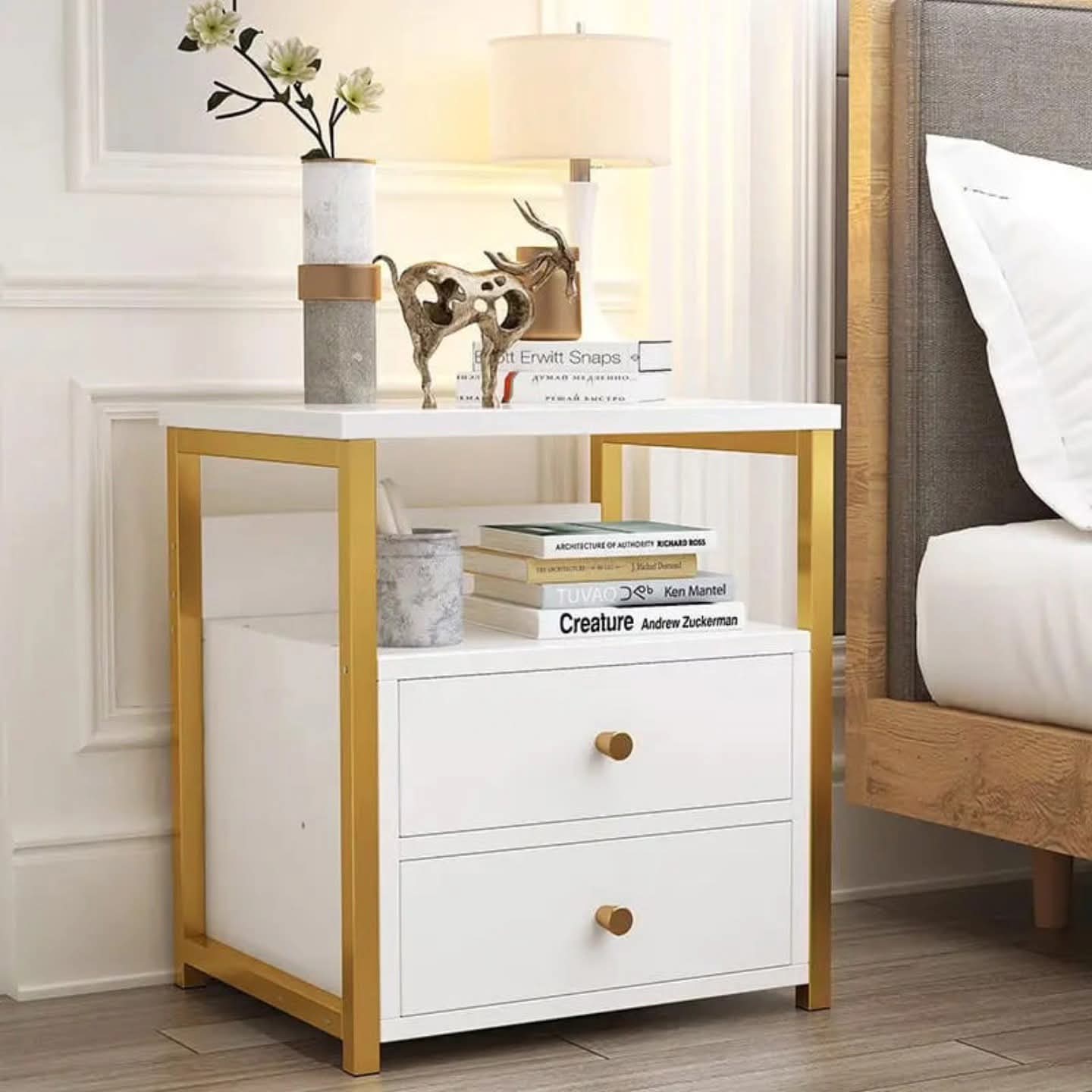 2 Layer white bedside cabinet