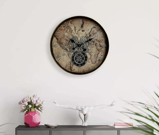 Large 60cm round vintage wall clock with exposed, moving mechanical gears and Roman numerals.