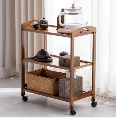 3 Tier Bamboo Serving Trolley Rack with Wheels