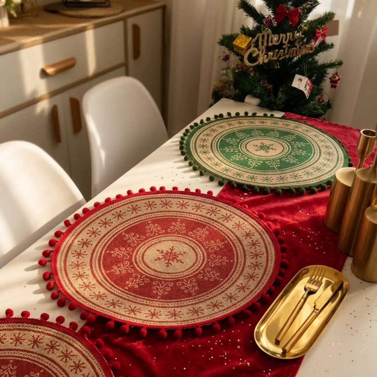 6Pc Christmas Jute Round Table Place Mats Woven Coasters