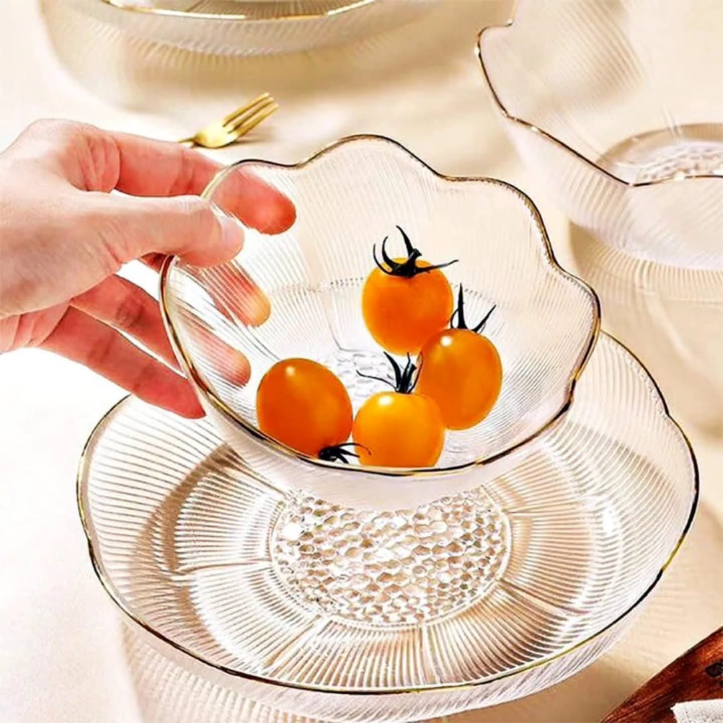 3Pc Gold Rim Glass Salad Bowl Set