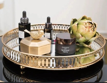 Round gold mirror tray