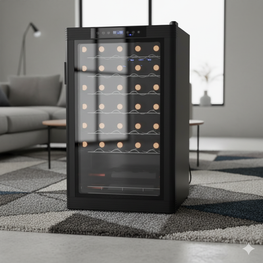 Black under counter wine chiller with glass door, digital display, and capacity for 33 bottles.