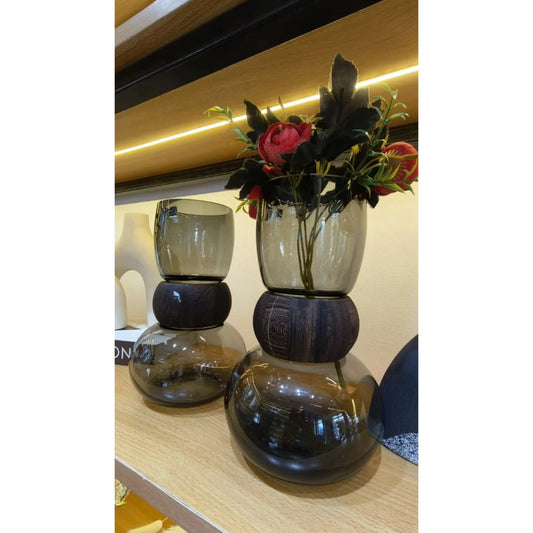 Dark glass vase With wooden ring