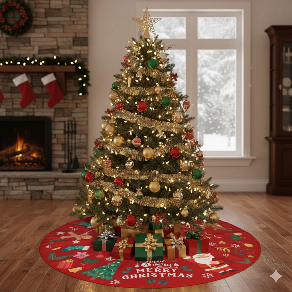 90 cm diameter red Christmas tree skirt featuring Santa Claus, reindeer, and holiday icons
