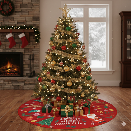 90 cm diameter red Christmas tree skirt featuring Santa Claus, reindeer, and holiday icons