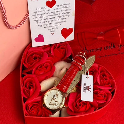 Ladies Valentine Heart Gift Set with Watch and Roses