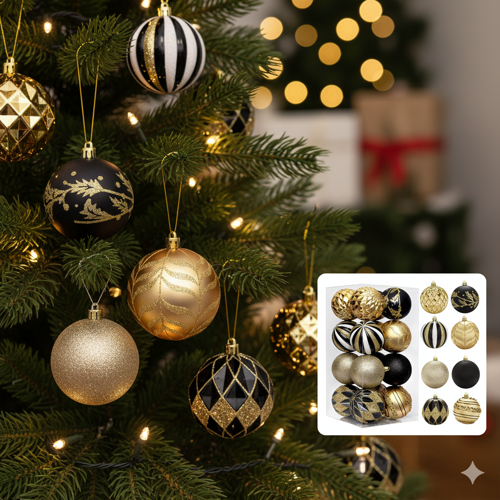 A set of 16 black and gold Christmas balls, featuring various glitter, matte, and patterned designs, each with an 8cm diameter.