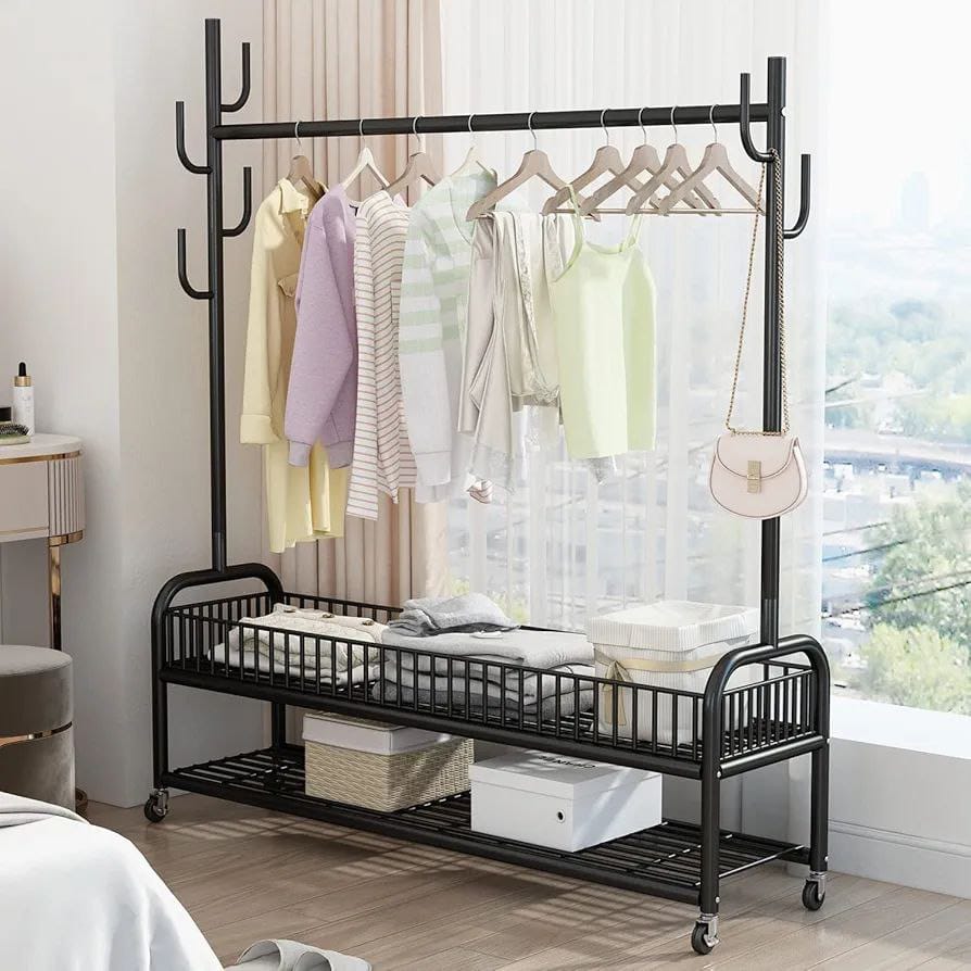 Rolling clothes rack with storage basket