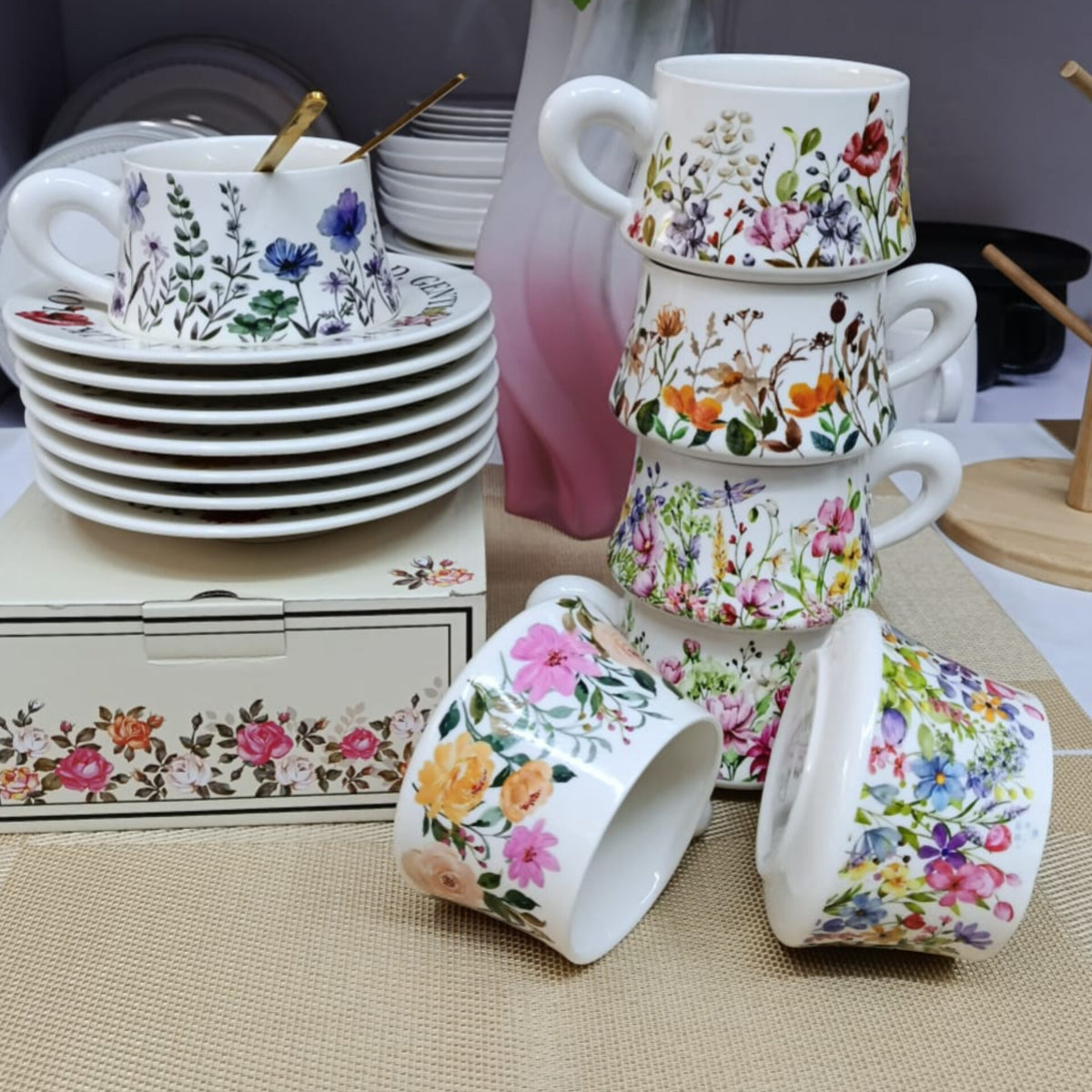 300ml  Flower Ceramic Coffee Cup and Saucer Set