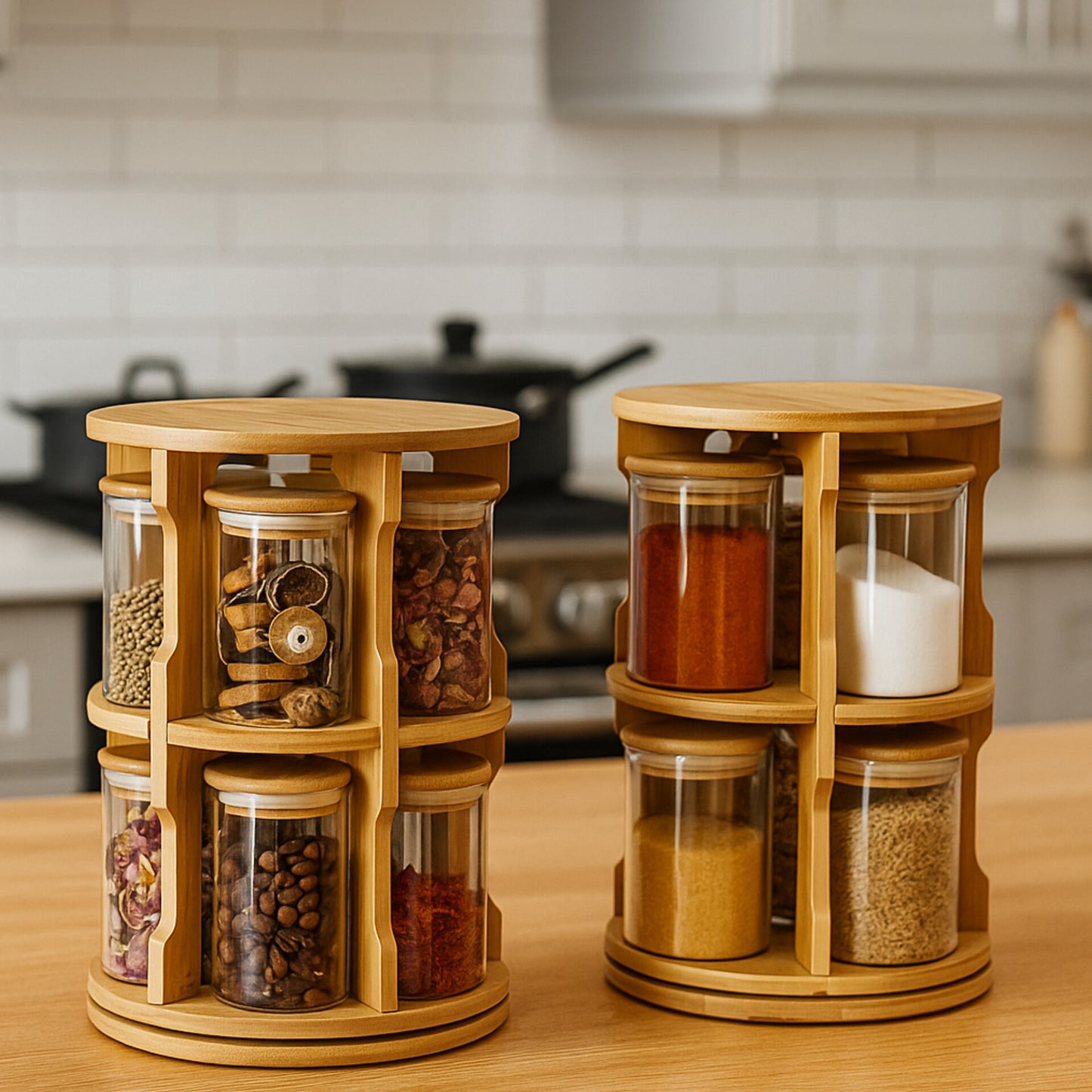 Rotating Spice Bamboo Spice Rack and spice jars