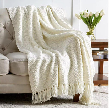 Textured Knit Throw Blanket With Tassels