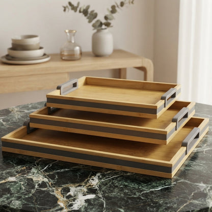 3Pcs Bamboo Nesting Tray Set with Grey Handles