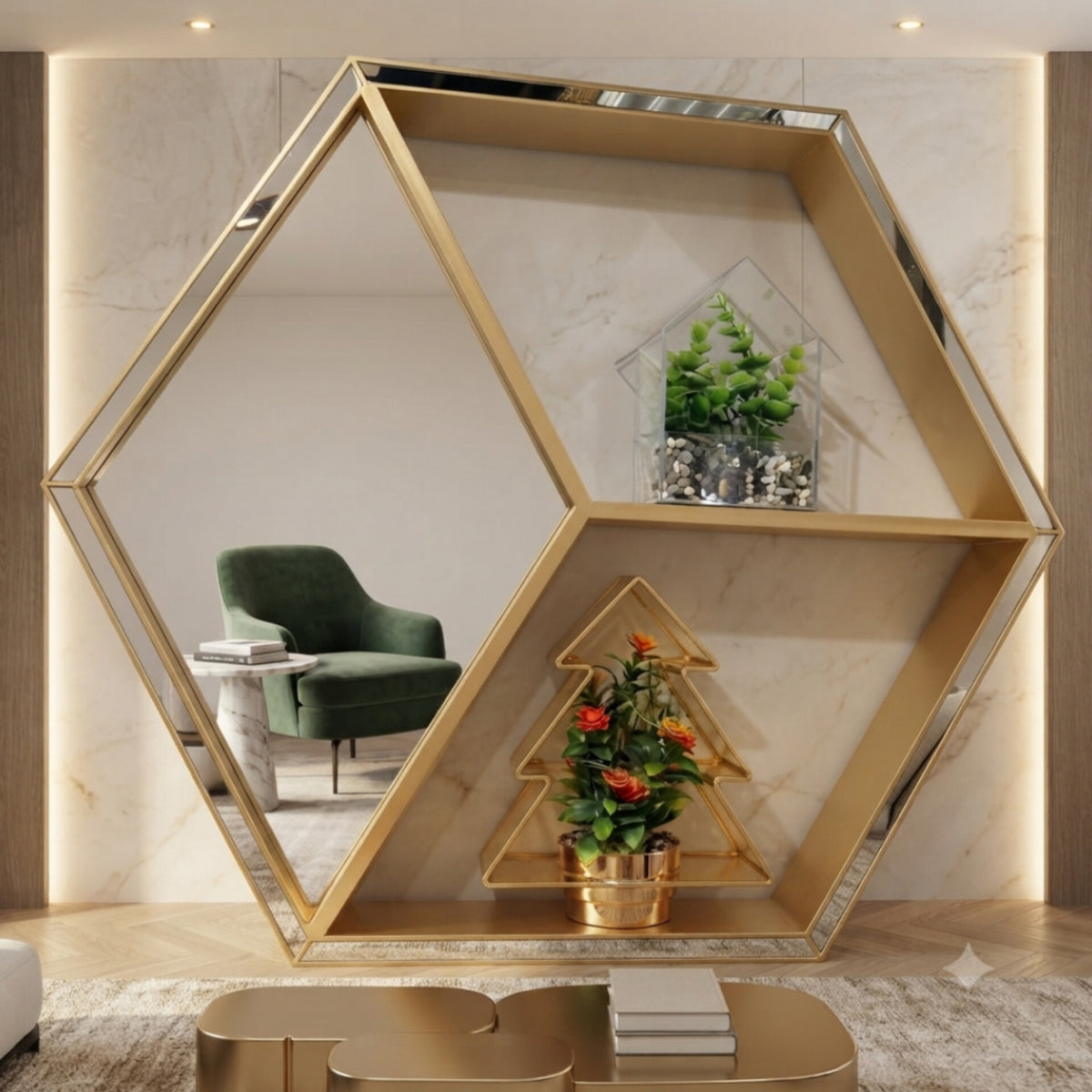 Gold Hexagon Wall Mirror with Display Shelves