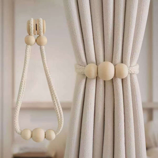2 Piece Magnetic Curtain Tiebacks With Wooden Beads
