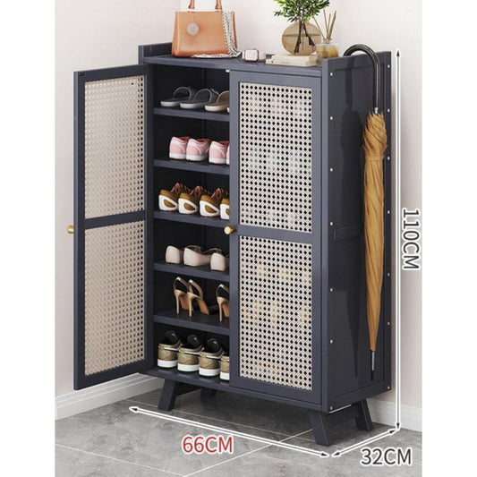 MODERN RATTAN MESH ACCENT WOOD SHOE STORAGE CABINET