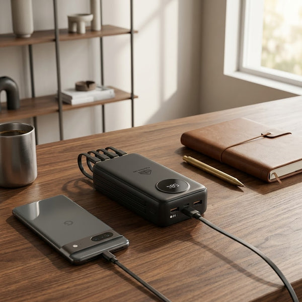 20000mAh Power Bank with 4 Built-In Cables and LED Torch