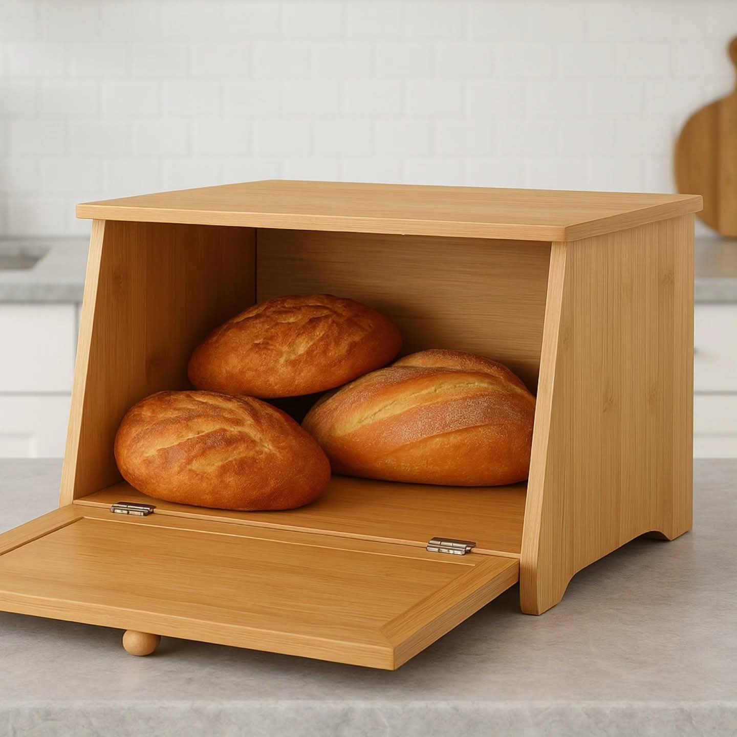 An open wooden bamboo bread bin holding three loaves of fresh bread, sitting on a marble countertop in a kitchen setting.