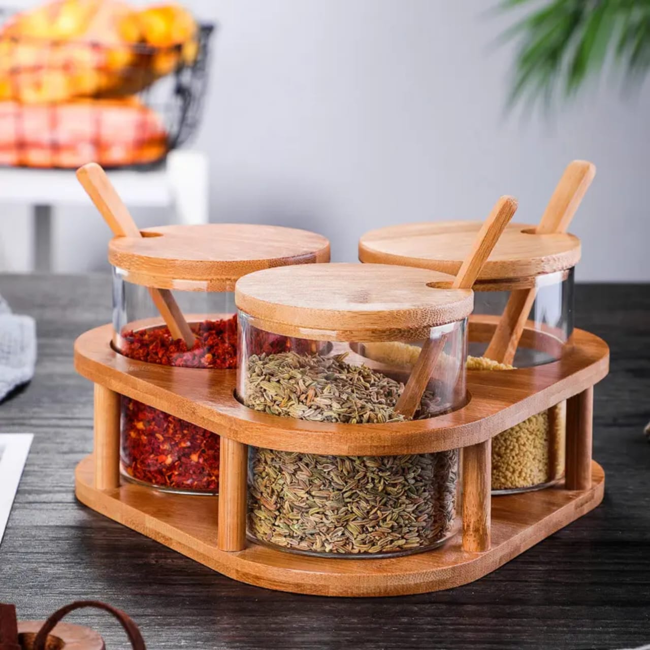 3pc glass spice containers with bamboo holder