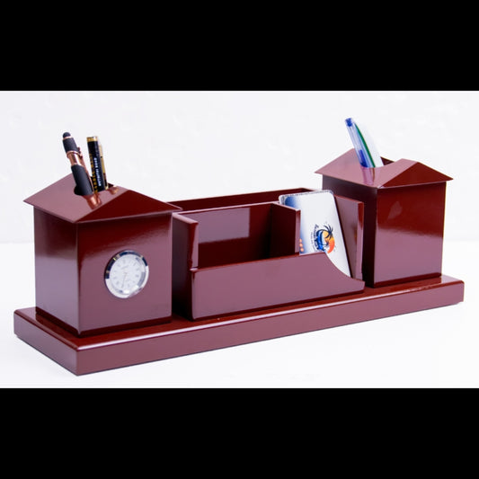 High-Gloss Cherry Wood Executive Desk Set with Clock