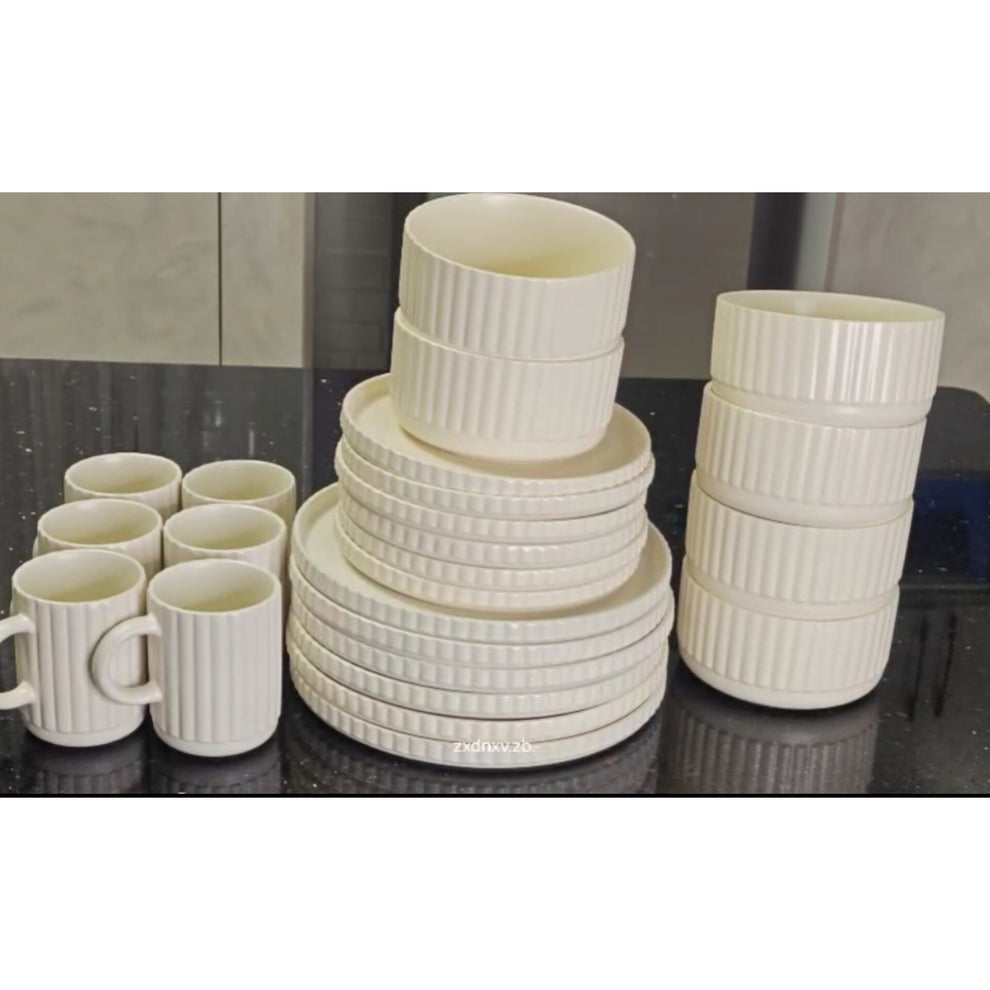 24 Piece Ribbed Cream Ceramic Dinnerware Set – GEM HOME