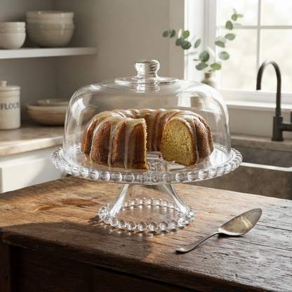 30cm Beaded Glass Cake Stand with Glass Dome Lid