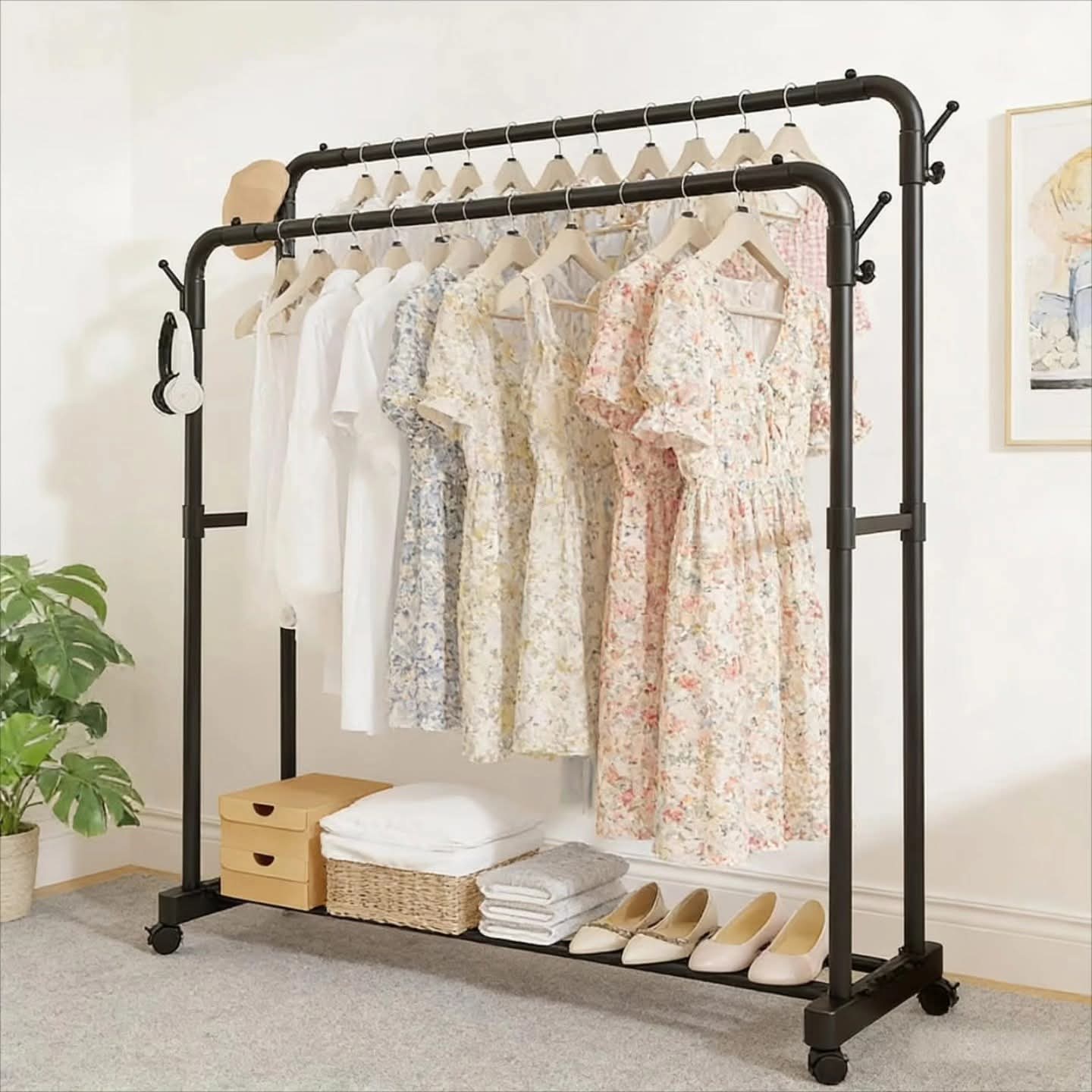 Double Pole Clothing Rack with Wheels