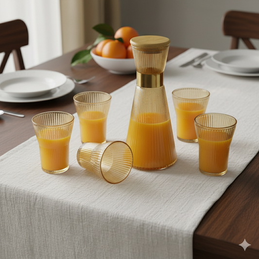 6Pc Glasses and jug set ,glass carafe with six matching striped tumblers,